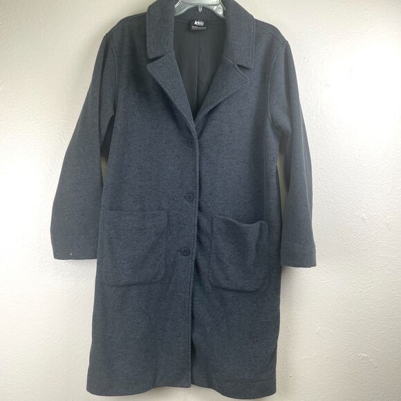 REI Where To Long Coat Womens M Fleece Gray Button Front Notch Collar Car Coat - Picture 2 of 10